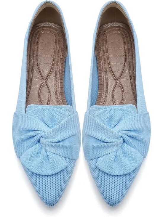 Shoes - Women's Light Blue Pointed Toe Bow Comfortable Knit Pull On Dressy Ballet Flats